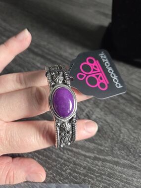 Paparazzi Purple Stone Floral Silver Cuff Bracelet